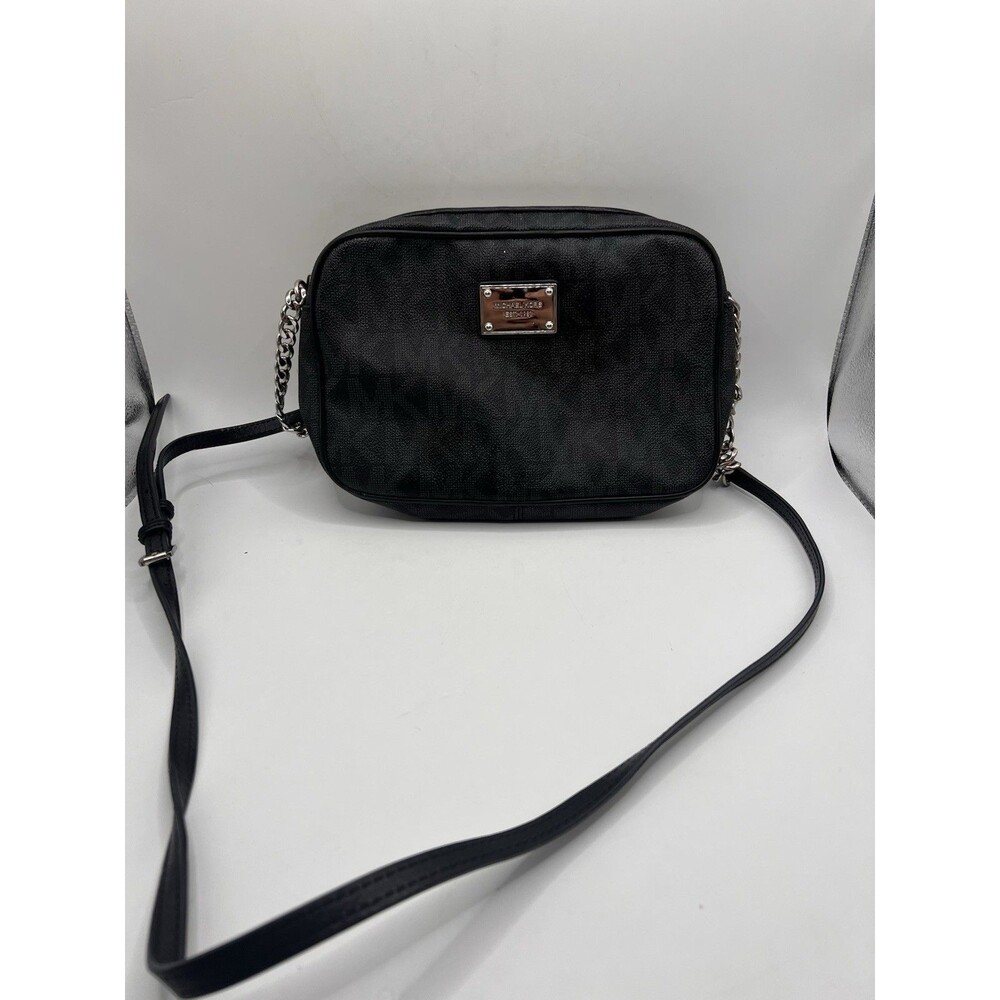 Michael Kors Black MK Monogram Crossbody Bag Silver Chain Adjustable Strap